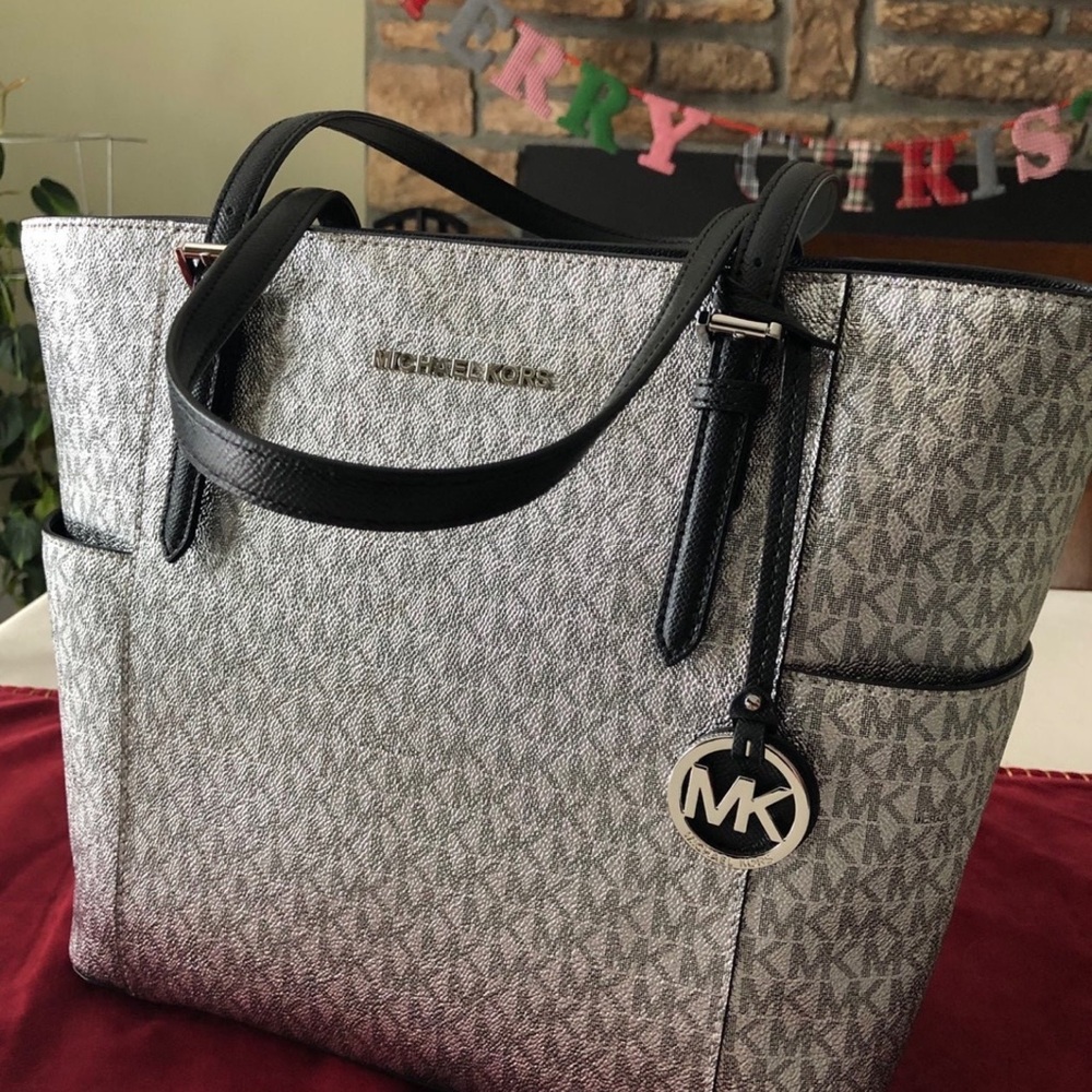 Michael Kors Black and Silver Tote Bag with Monogram Pattern